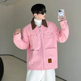 Korean Style Pink Turn-Down Collar Denim Jacket