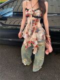 Women Chic Retro Floral Print Wide Leg Jeans
