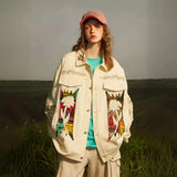 National Floral Embroidery Patchwork Denim Jacket