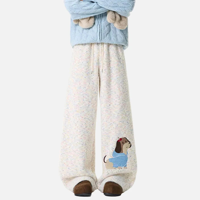 Winter Embroidery Cartoon Pattern Elastic Sweatpants