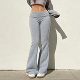Model wearing the gray Flare Fusion Elegance Pants