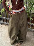 Streetwear Retro Military Green Curved Knife Pants