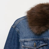 Elevated Retro Faux Fur Collar Denim Jacket