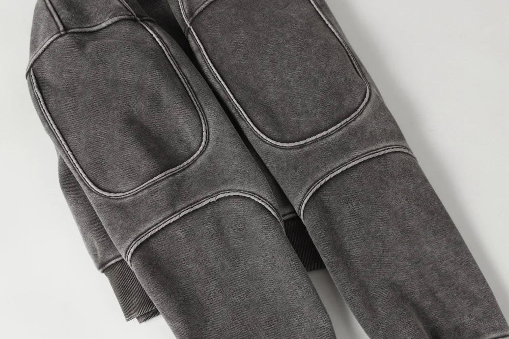 Washed Distressed Front Pocket Spliced Hoodie