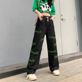 Elastic High Waist Flocked Embroidered Jeans