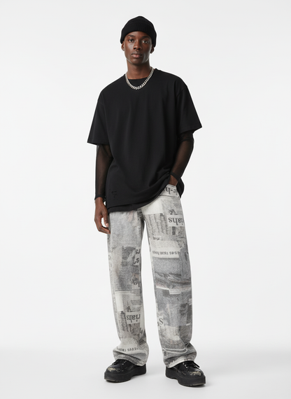 Graffiti Newspaper Baggy Jeans - 2404; Grey / M, Grey / L, Grey / XL, Grey / 2XL, Grey / 3XL