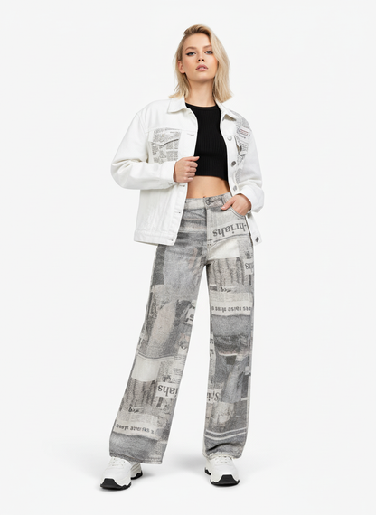 Graffiti Newspaper Baggy Jeans - 2404; Grey / M, Grey / L, Grey / XL, Grey / 2XL, Grey / 3XL