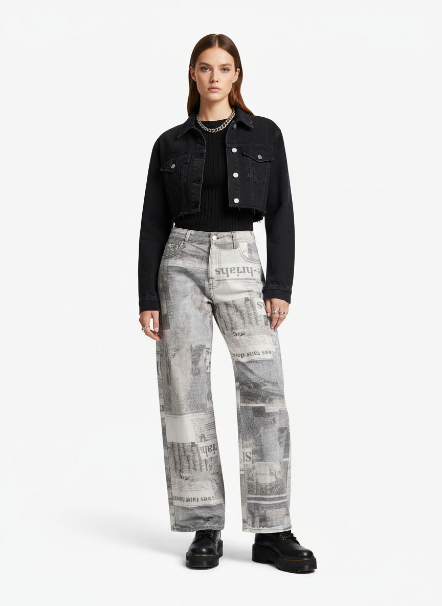 Graffiti Newspaper Baggy Jeans - 2404; Grey / M, Grey / L, Grey / XL, Grey / 2XL, Grey / 3XL