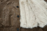 Retro Spliced Turn Down Collar Fur Leather Jacket
