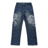 Dragon Embroidered Baggy Blue Wash Jeans