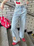 Korean Style Vintage Embroidered High Waist Jeans