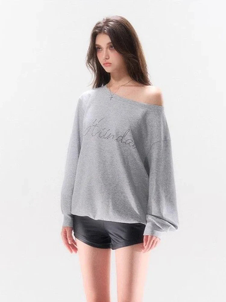 Women Gray Letter Diamonds Off-Shoulder Sweatshirt