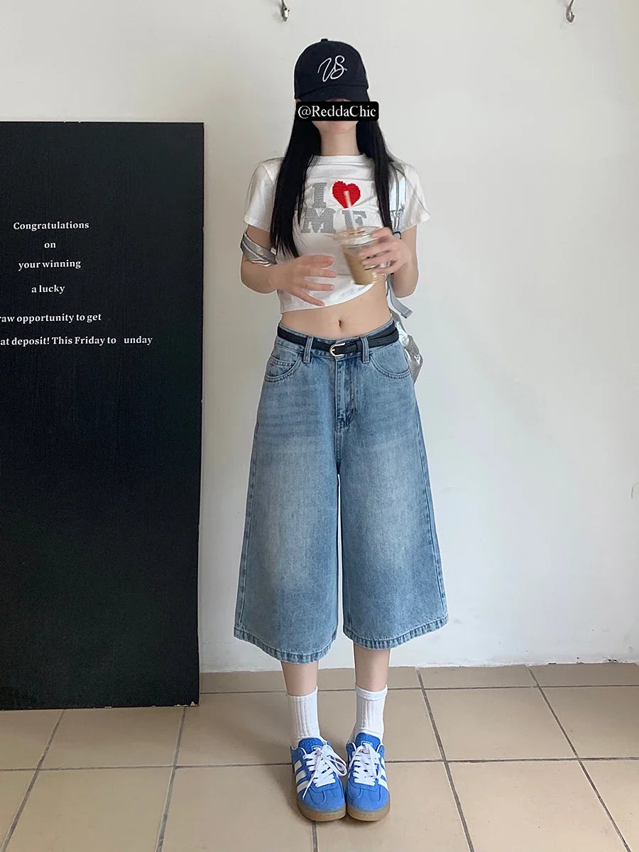 Versatile Blue Distressed Denim Baggy Jorts