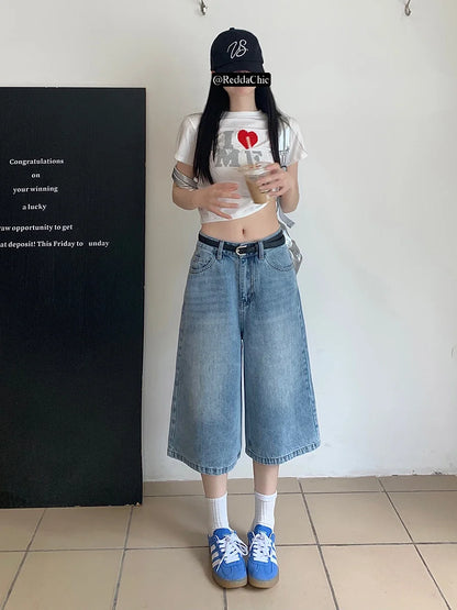 Versatile Blue Distressed Denim Baggy Jorts