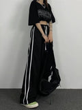Women Vintage Striped High Waist Black Casual Pants
