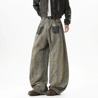 American Style Star Printing Dirty Dying Denim Jeans
