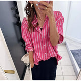 Women Streetwear Pink Striped Chic Long Sleeve Shirt