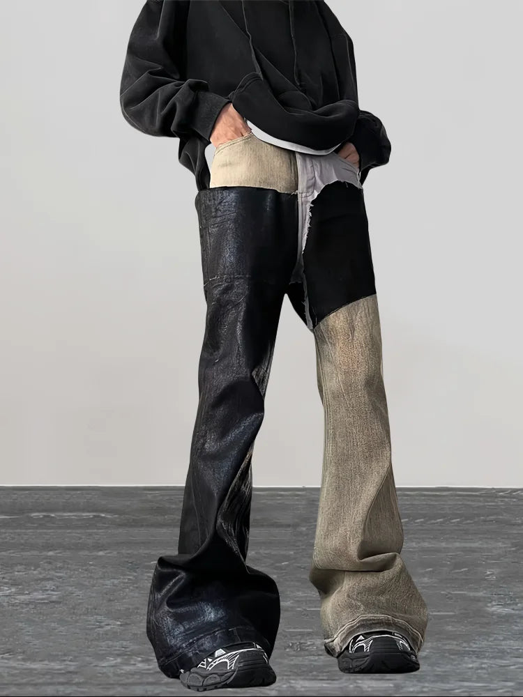 Distressed Detail Patchwork Baggy Flare Jeans
