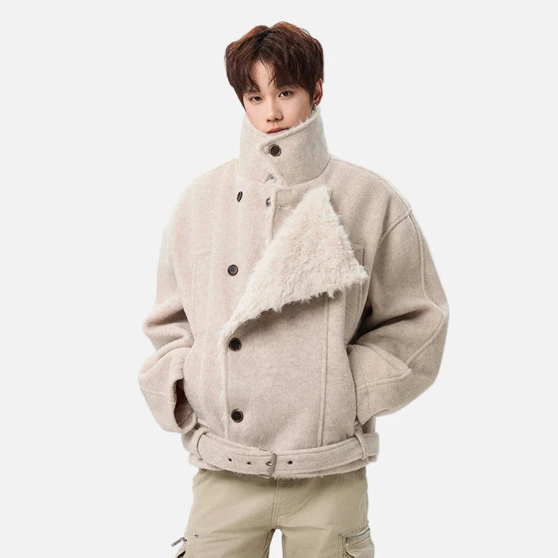 Soft Korean Faux Fur Patchwork Belt Jacket