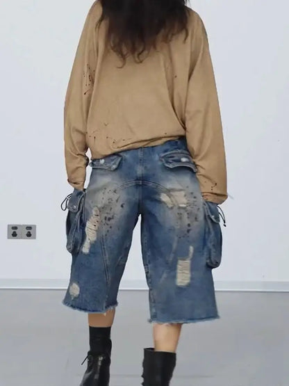 Retro Casual Emo Denim Cargo Jorts