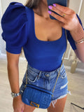Women Ribbed Buffed Shoulder Top