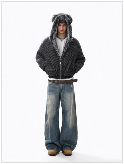 Brushed Striped Rabbit Faux Fur Hooded Jacket