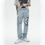 Butterfly Snake Embroidery Straight Denim Pants