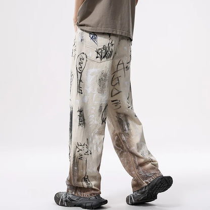 Streetwear American Graffiti Ripped Loose Wide Leg Jeans
