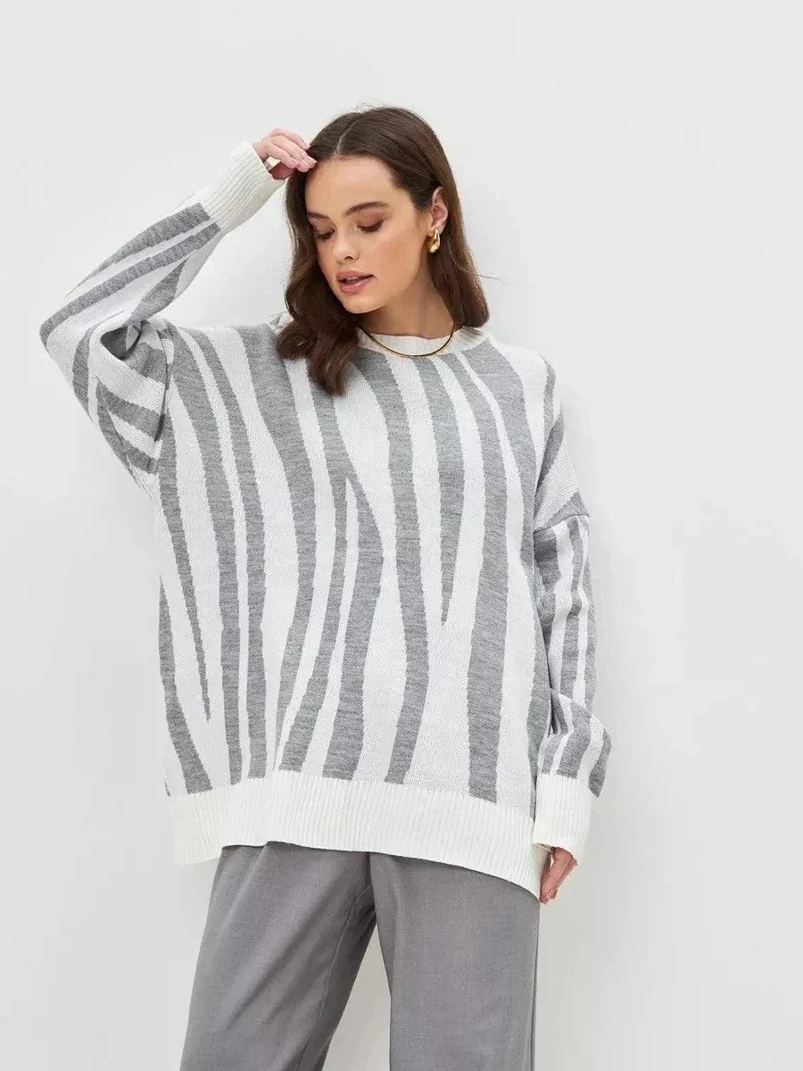 Women Striped Oversized Knitted Pullover Sweater