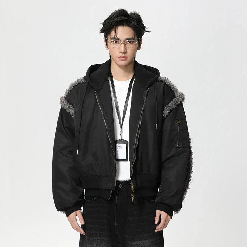 Stylish Patchwork Frayed Hooded Baseball Jacket