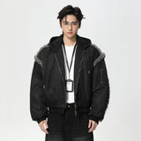 Stylish Patchwork Frayed Hooded Baseball Jacket