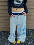 Japanese Style Stripe Embroidery Boyfriend Jeans