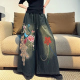 Vintage Chinese Style Peacock Embroidery Jeans