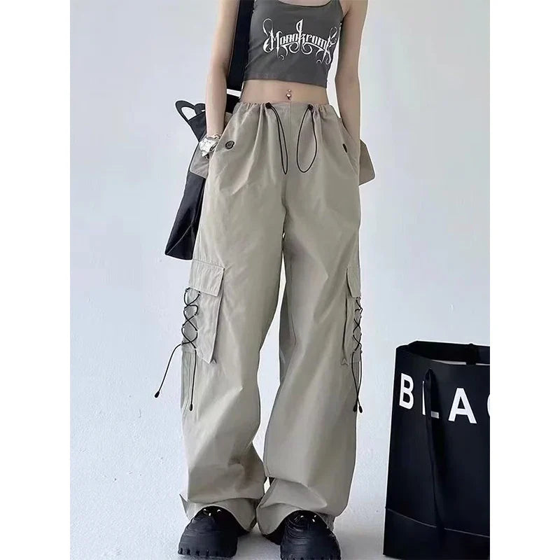 American Style Solid Pleated Wide Leg Cargo Pants