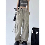 American Style Solid Pleated Wide Leg Cargo Pants