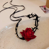 Gothic Black Rose Thorns Pendant Necklace