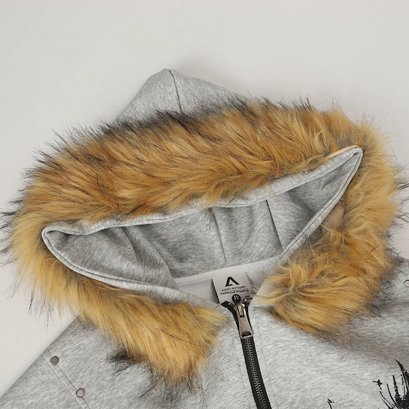 Y2K Retro Graffiti Zip-Up Fur-Collar Hooded Sweatshirt