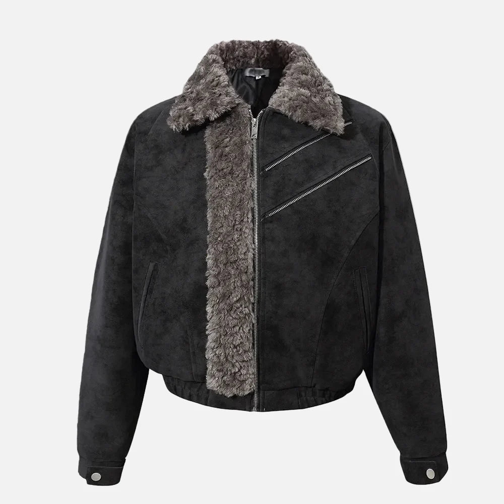 Retro High Street Spliced Fur Collar Zipper Jacket