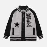 Gothic Letter Printed Star Pattern Knitted Cardigan