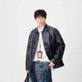 Trendy Faux Leather Lapel Button Jacket