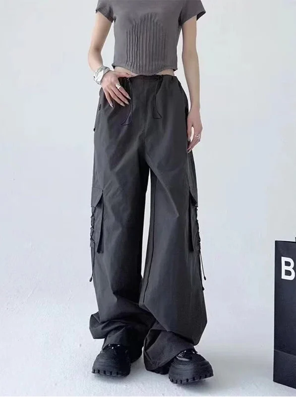 American Style Solid Pleated Wide Leg Cargo Pants