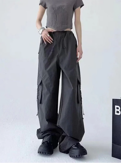 American Style Solid Pleated Wide Leg Cargo Pants