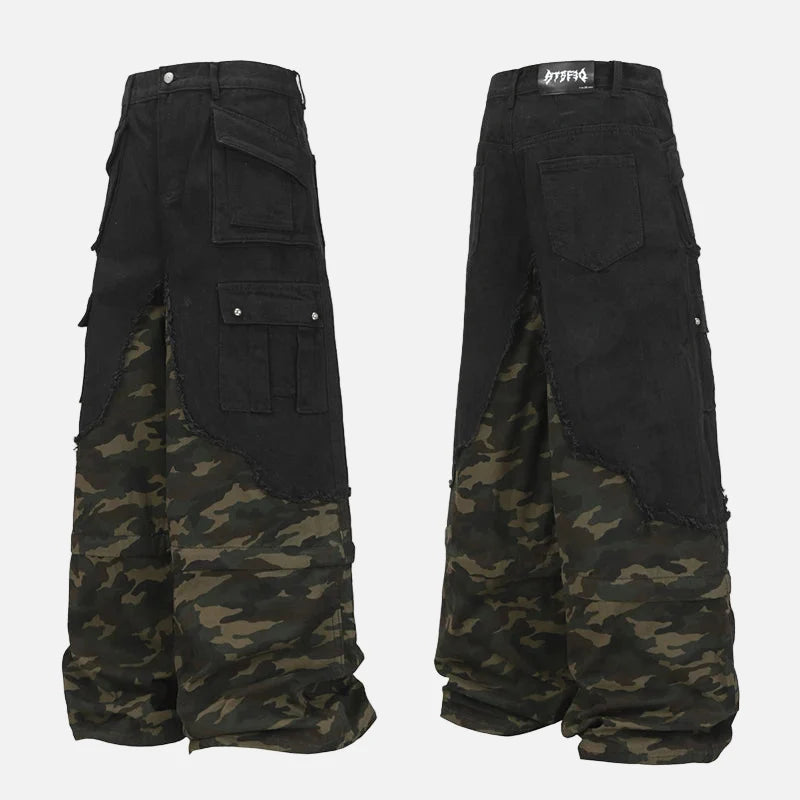 Streetwear Camouflage Splicing Wide Leg Cargo Jeans