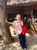Pink Sheer Striped Blouses Summer Shirt