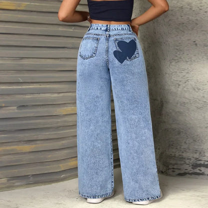 Y2K Heart Print Mid-Waisted Casual Jeans