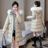 Model wearing the apricots Women's Long Quilted Puffer Jacket