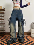 Women Retro Vintage Lace Up High Waist Jeans