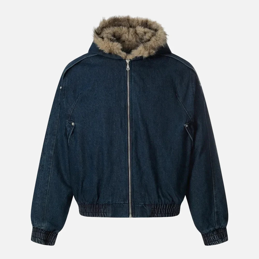Y2K Quilted Retro Denim Fur Hooded Jacket