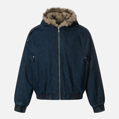 Y2K Quilted Retro Denim Fur Hooded Jacket