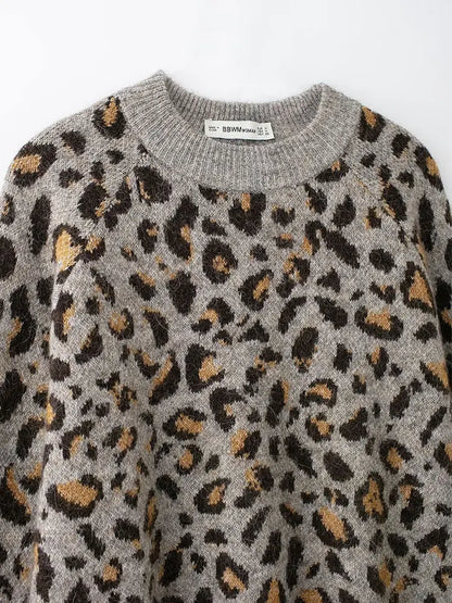 Leopard Knit Casual Cropped Sweater